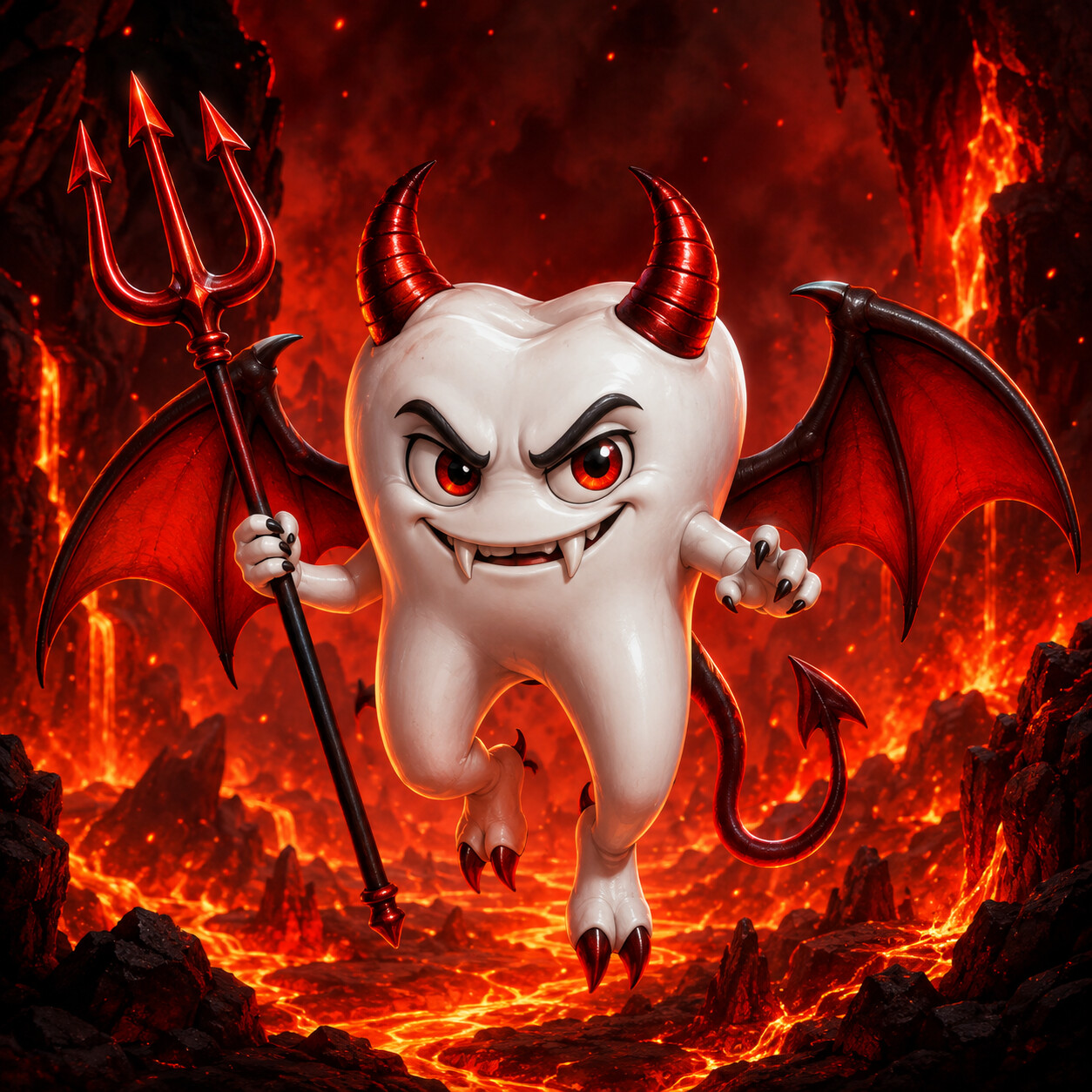 Toothifer flying above lava with red horns, bat wings and a fiery trident